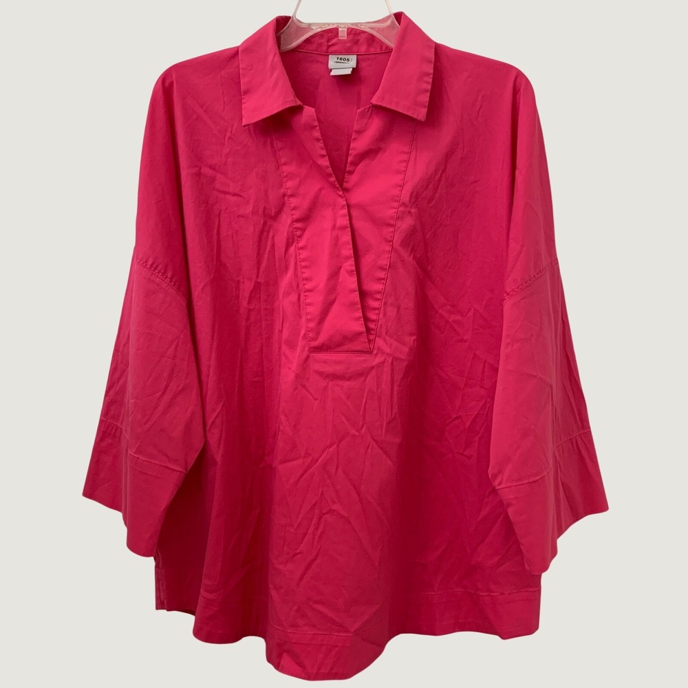 Chico's Tunic Top Women 3 (US 16/18) Pink 3/4 Sleeve Cotton Blend Popover V-Neck